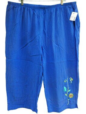 Vintage NOS Liz & Me Lounge Crop Cotton Pants Blue Embroidered SeaHorse Pockets